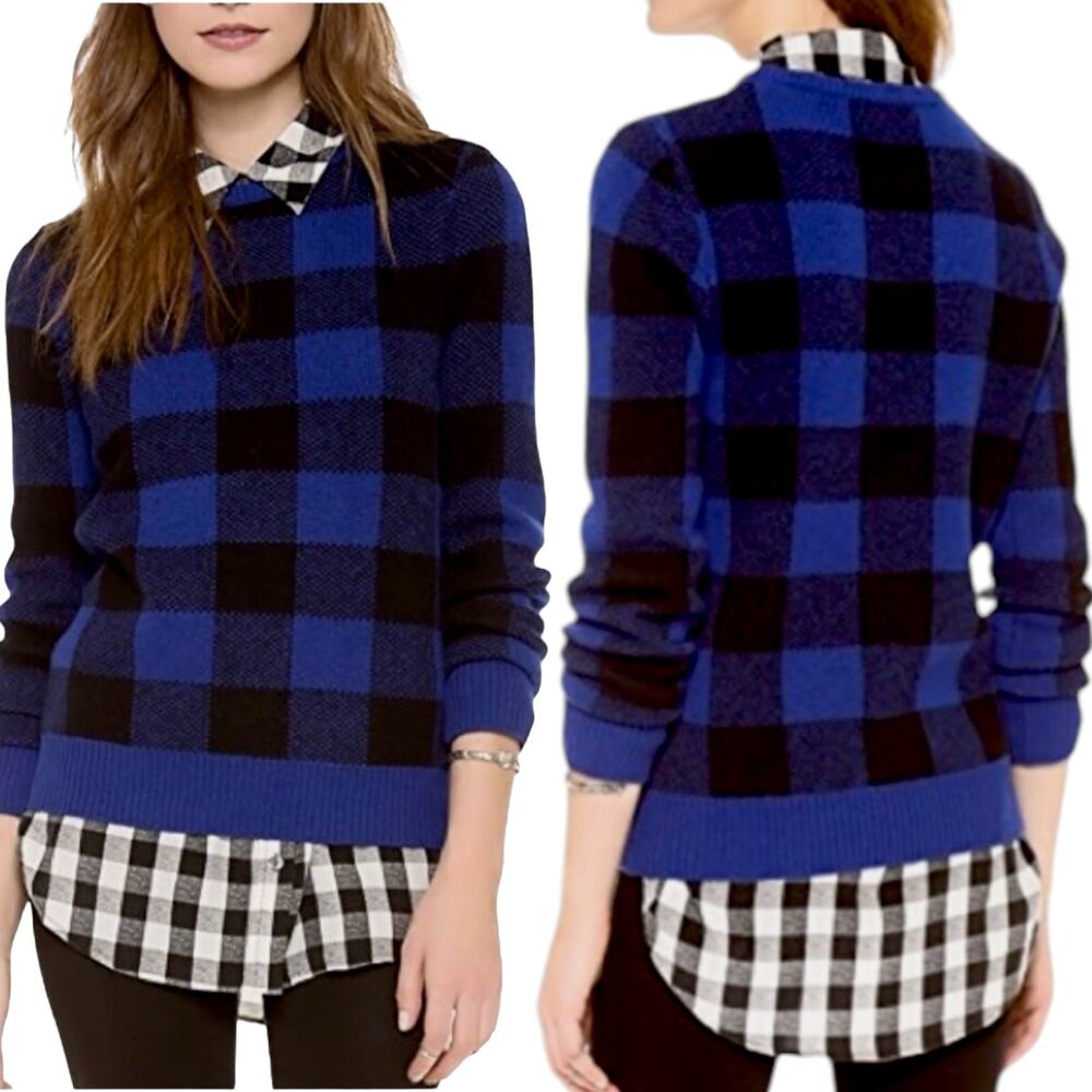 EQUIPMENT 100% Wool Sweater Check Plaid Varsity Preppy Ivy League Blue Black